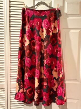 Jaeger Painterly Rose Floral Maxi Skirt UK 14 US 12 Pink Burgundy A-line